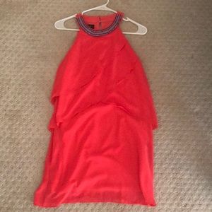 coral formal dress with beaded neckline